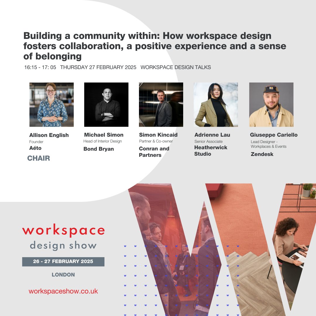 Join us at the Workspace Design Show Talks for an engaging discussion on : “Building a community within: How workspace design fosters collaboration, a positive experience and a sense of belonging”. 
#workspacedesignshow #london #designtalks #futureworkspaces #Collaboration