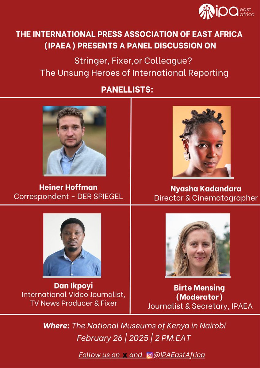 IPAEA (@ipaeastafrica) on Twitter photo Join our panel discussion at the Africa Media Festival:
"Stringer, Fixer, or Colleague? The unsung Heroes of International Reporting"
📅 Wed | 2:30 PM
📍 National Museums of Kenya
Featuring: Heiner Hoffman, <a href="/MissNyashaK/">Nyasha Kadandara</a> & <a href="/danikpoyi/">Dan Ikpoyi</a> Moderated by <a href="/mensbirte/">Birte Mensing</a>
<a href="/africamediafest/">Africa Media Festival</a> Join our panel discussion at the Africa Media Festival:
"Stringer, Fixer, or Colleague? The unsung Heroes of International Reporting"
📅 Wed | 2:30 PM
📍 National Museums of Kenya
Featuring: Heiner Hoffman, <a href="/MissNyashaK/">Nyasha Kadandara</a> & <a href="/danikpoyi/">Dan Ikpoyi</a> Moderated by <a href="/mensbirte/">Birte Mensing</a>
<a href="/africamediafest/">Africa Media Festival</a>