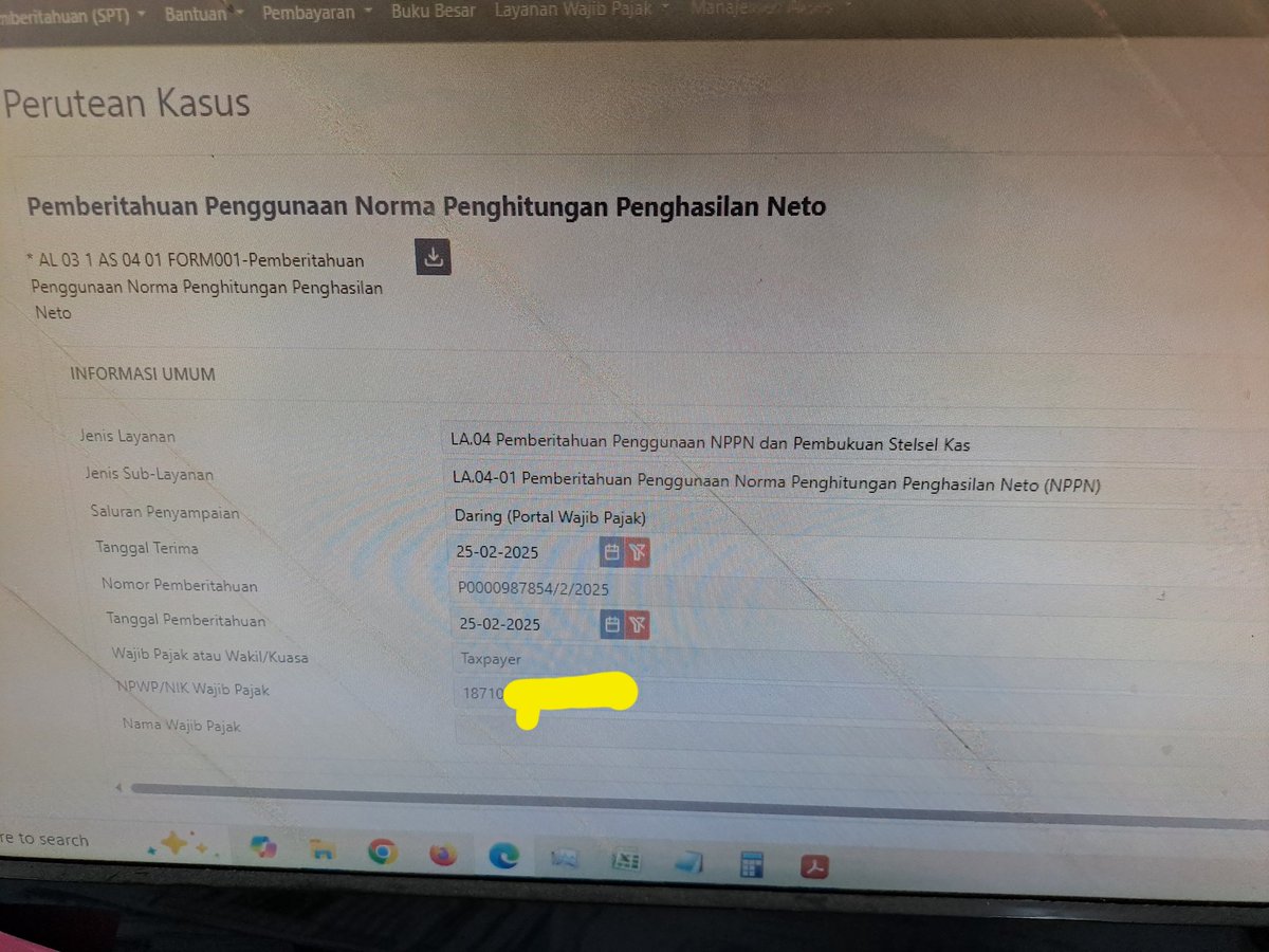 Sore <a href="/kring_pajak/">#PajakKitaUntukKita</a>  sy mau buat permohonan penggunaan perhitungan penghasilan neto. Tp nama wp tidak muncul. Solusinya gimana y?