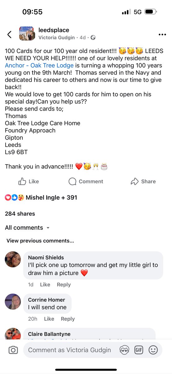Campaign for 1000 cards for 100 year olds birthday!!!! 

Can you help us at <a href="/AnchorLaterLife/">Anchor</a>  Oak Tree Lodge Care Home? Let’s make Thomas’s birthday one to remember!!! <a href="/itvnews/">ITV News</a> <a href="/itvcalendar/">ITV News Calendar</a> <a href="/BBCLeeds/">BBC Leeds</a> <a href="/BBCYorkshire/">BBC</a> <a href="/thisisheart/">Heart</a> <a href="/BBCRadio2/">BBC Radio 2</a> <a href="/DailyMirror/">The Mirror</a> <a href="/ladbible/">LADbible</a> <a href="/MailOnline/">Mail Online</a>