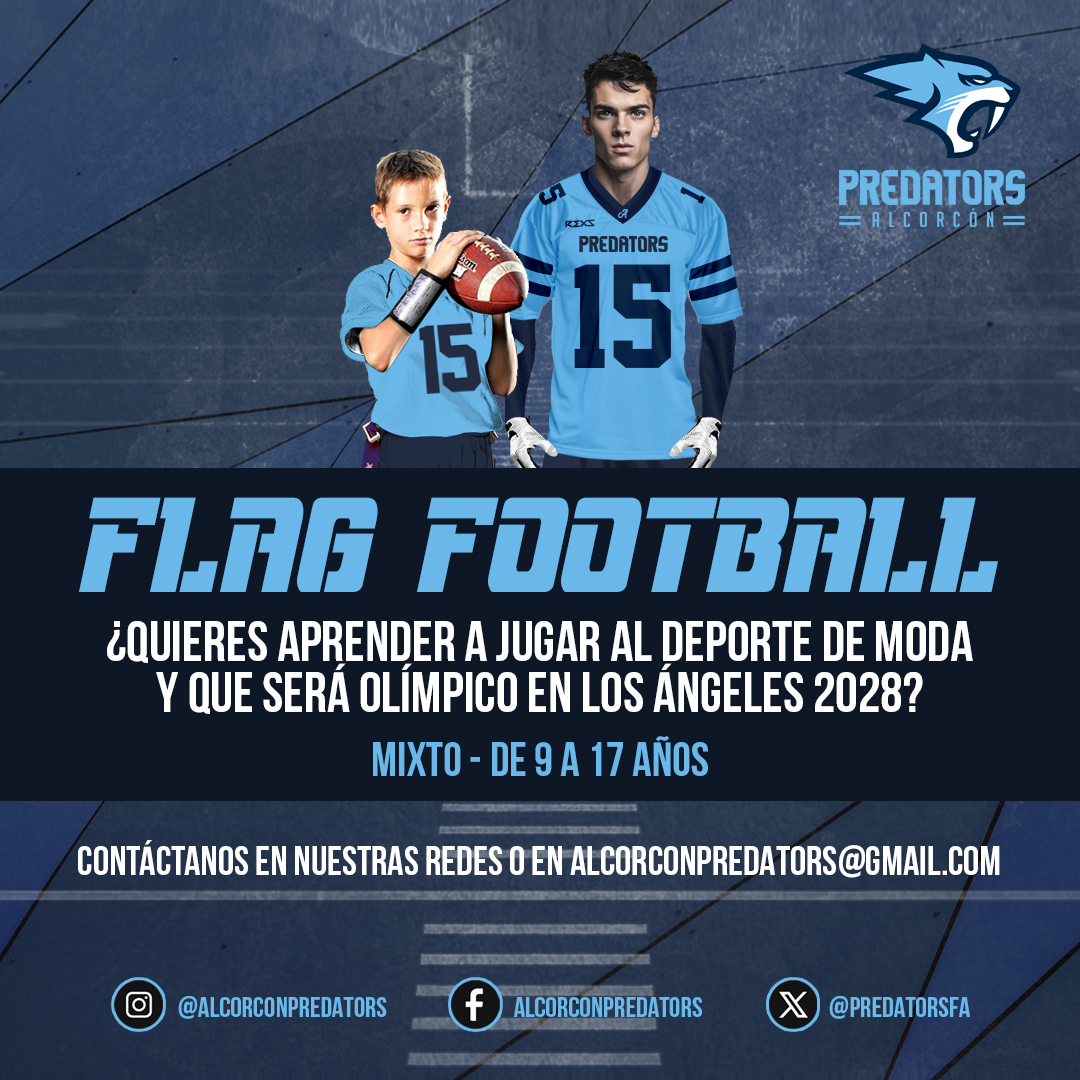 PredatorsFA's tweet image. 🚨 ¿Quieres aprender a jugar al deporte de moda y que será olímpico en Los Ángeles 2028?  Lo tuyo es Flag Football (fútbol americano sin contacto).  

Contáctanos por privado, en docs.google.com/forms/d/1cjDmD… o escribe a alcorconpredators@gmail.com   

#flag #alcorcon