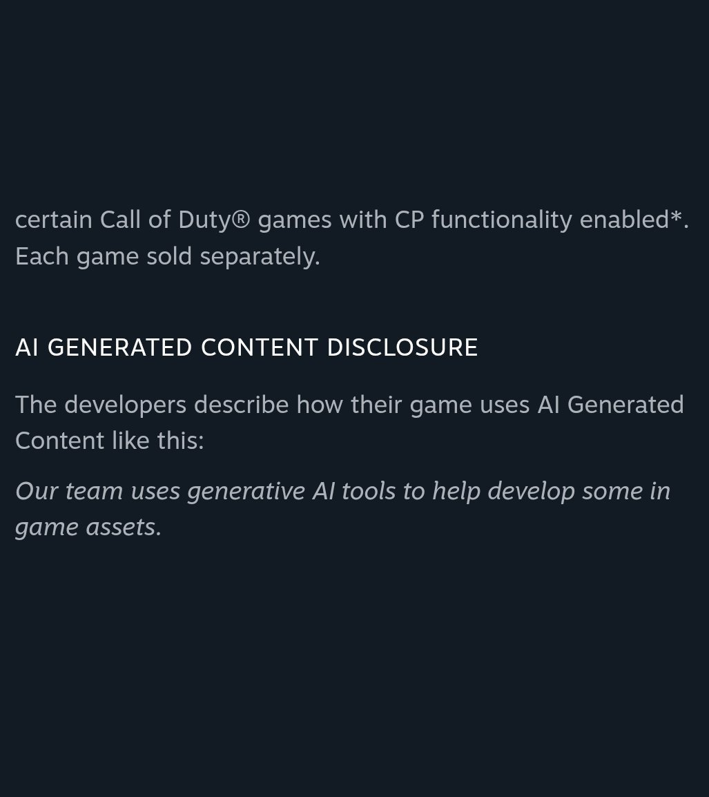 CultureCrave's tweet photo. Activision confirms some in-game #CallOfDuty content is AI generated
โOur team uses generative AI tools to help develop some in game assets"
(via @charlieINTEL) https://t.co/a3EkGjgCcN