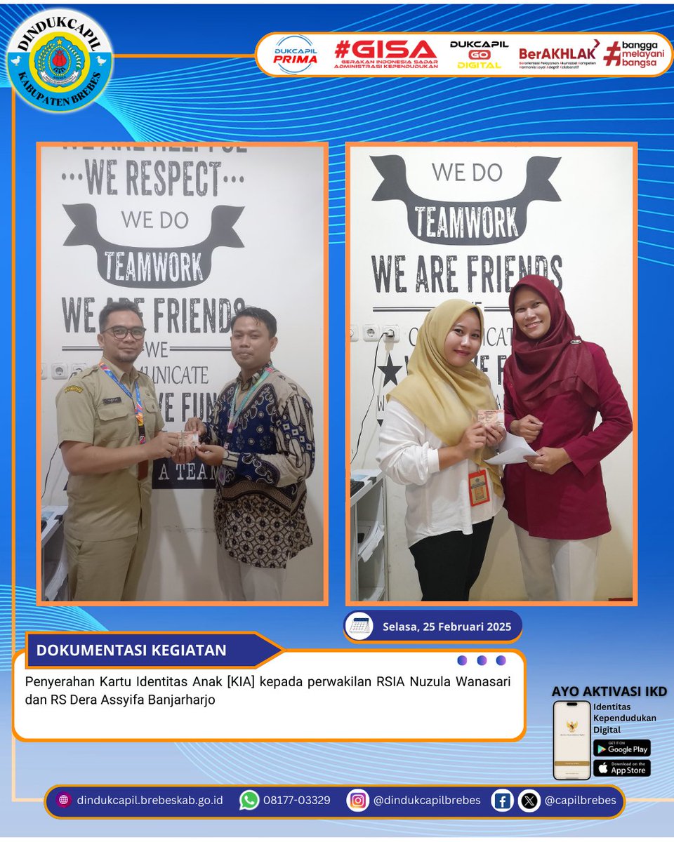 Penyerahan Kartu Identitas Anak (KIA) oleh Dindukcapil Brebes kepada RSIA Nuzula dan RS. Dera Assyifa