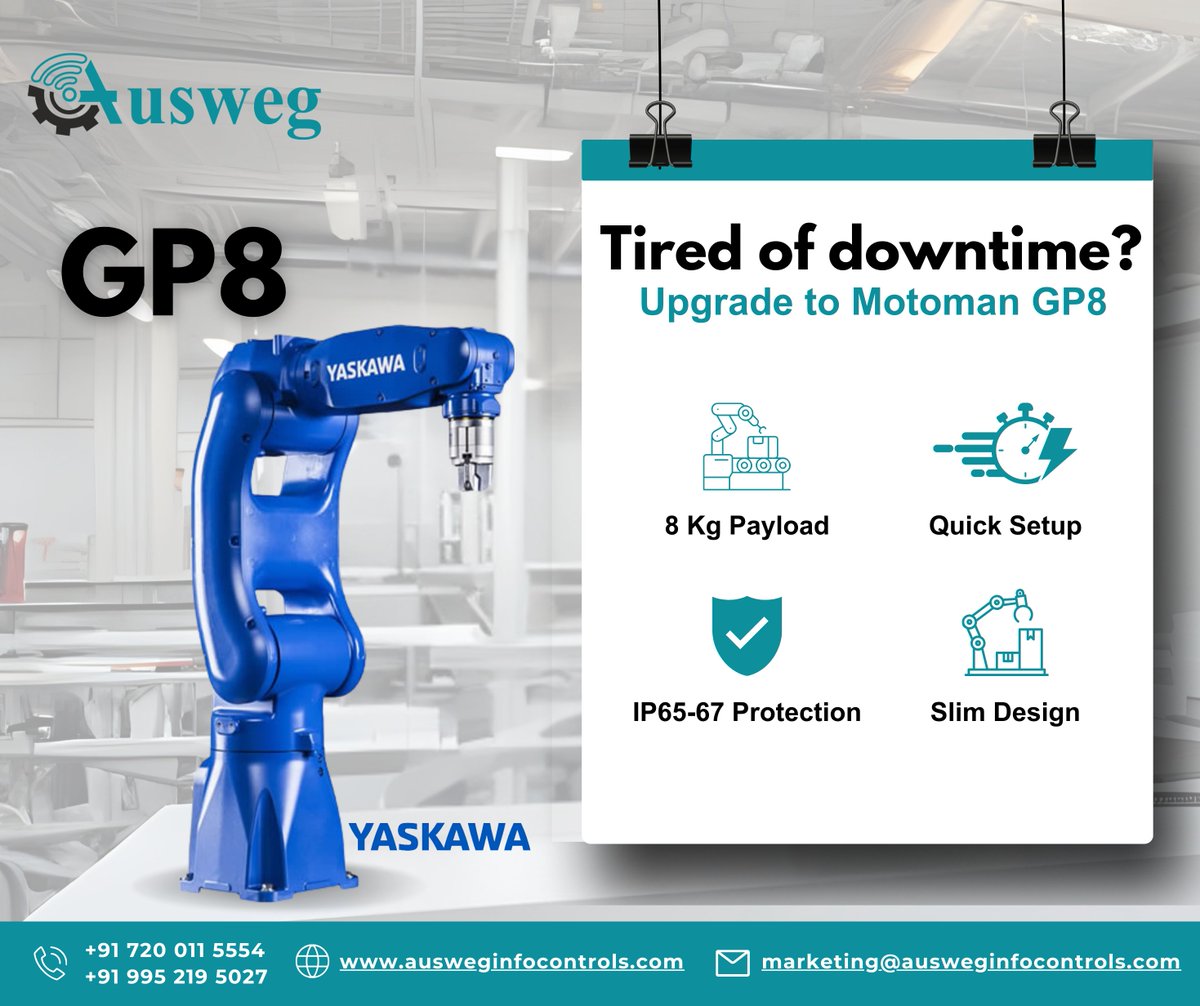 AuswegInfo's tweet photo. Accelerate Your Automation with the Yaskawa GP8!

https://t.co/qFJymk33mq
marketing@ausweginfocontrols.com
+91 72 001 155 54, +91 99 521 950 27

#automationtools #industry40 #robotics #manufacturing #ai #roboticstechnolog https://t.co/gVKjTD7on9