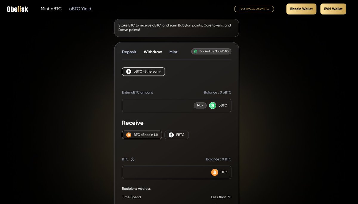 1/ 🪙 Don’t have oBTC yet? No worries! Head over to obelisk.nodedao.com to stake your BTC or LBTC and get oBTC issued by <a href="/Node_DAO/">NodeDAO</a>