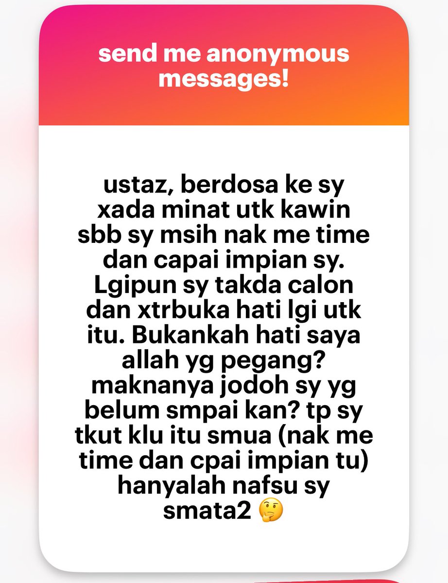 mnasrullah00's tweet photo. Perkahwinan ini bukan hukum wajib kepada semua orang. Adakalanya ia menjadi harus, sunat, makruh dan haram.

Ikut situasi kita sendiri, jika kita dah tak boleh nak kawal nafsu dan nak elakkan berzina maka hukum berkahwin menjadi wajib.

Adapun jika berkahwin hanya untuk mengikut jejak Baginda dan ingin memenuhi fitrah insani ia menjadi sunat. 

Ada yang sibuk dengan kerjaya, belajar serta mengajar yang mana perkahwinan akan menjadi penghalang kepadanya untuk terus maju, maka hukumnya boleh menjadi harus dan makruh.

Jika dia berkahwin semata untuk kembalas dendam atau menyakitkan pasangannya, maka di sini hukum perkahwinan dia itu adalah haram.

Wallahua’lam
