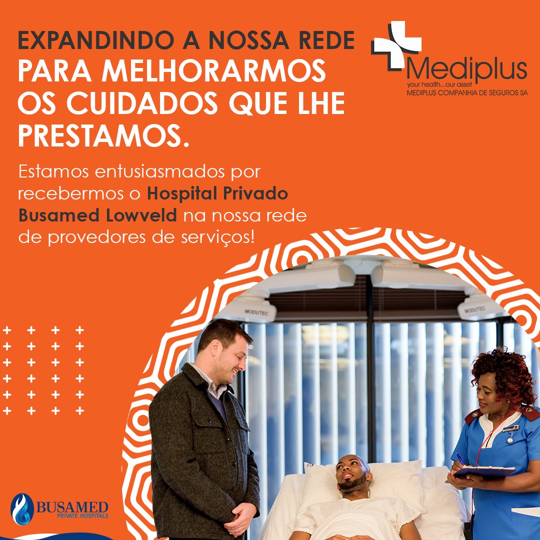 MediplusSA's tweet photo. A Mediplus está a crescer para servi-lo melhor, porque a sua saúde merece o melhor!🧡
Estamos entusiasmados em anunciar a nossa parceria com a Hospital Privado Busamed Lowveld. @busamedlph
#MediplusMoçambique #ExpandindoCuidados #SuaSaúdeNossaPrioridade #Busamed https://t.co/U6UzY2pZSl