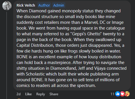 Rick Veitch posting about what happened to indie comics once Diamond got their monopoly.