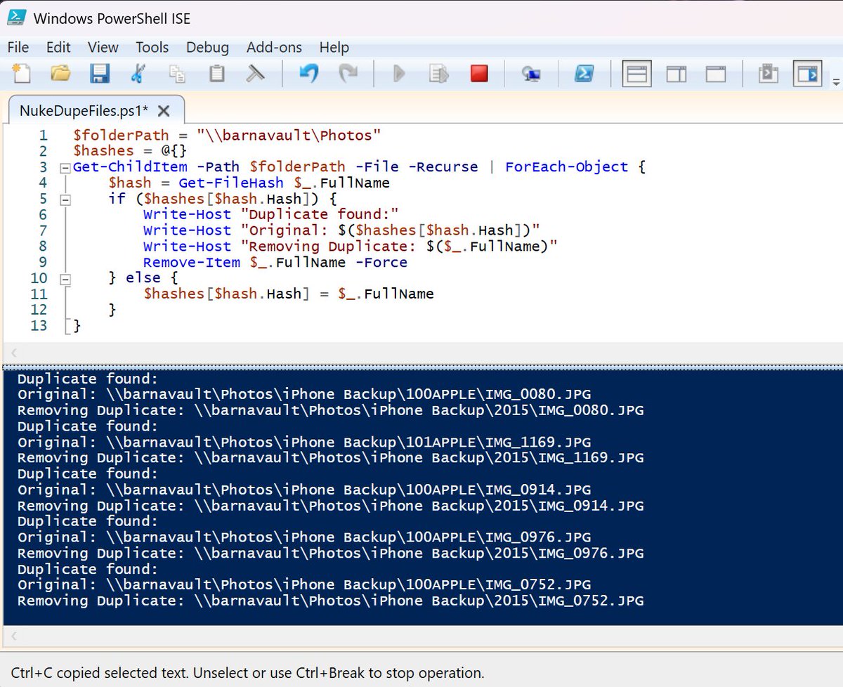 Barnacules's tweet image. This is the PowerShell script I use for finding and removing duplicate files recursively on my NAS to free up storage. What is your favorite method for finding and removing duplicate files? I love learning different ways to achieve similar results! 🍿 #Codegasm