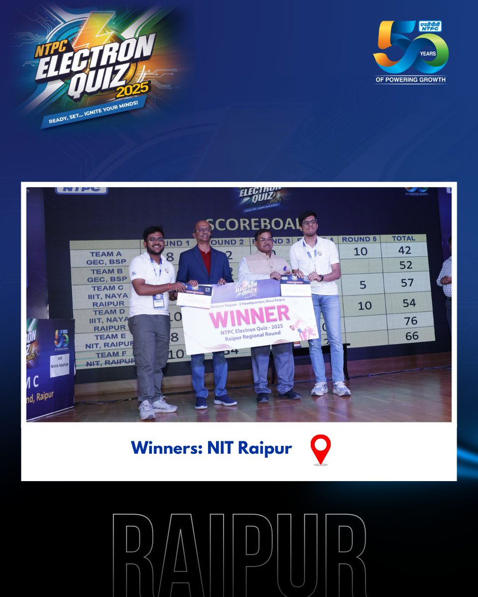 ntpclimited's tweet image. The NTPC Electron Quiz 2025 arrived in Raipur! Here are a few highlights from the event where engineering and management students from top colleges gathered to showcase their business skills in this prestigious competition.

#NTPCElectronQuiz2025 #Raipur #BusinessQuiz