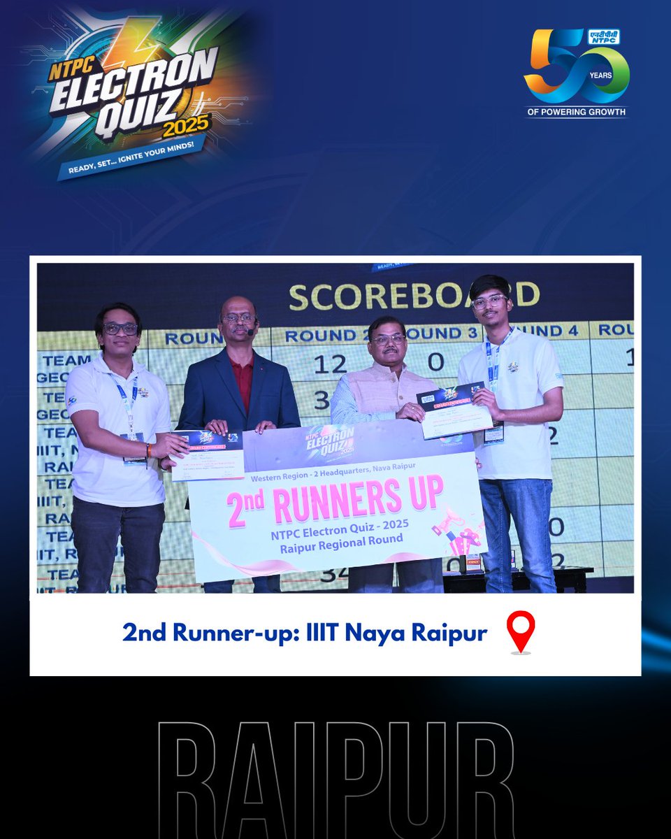 ntpclimited's tweet image. The NTPC Electron Quiz 2025 arrived in Raipur! Here are a few highlights from the event where engineering and management students from top colleges gathered to showcase their business skills in this prestigious competition.

#NTPCElectronQuiz2025 #Raipur #BusinessQuiz
