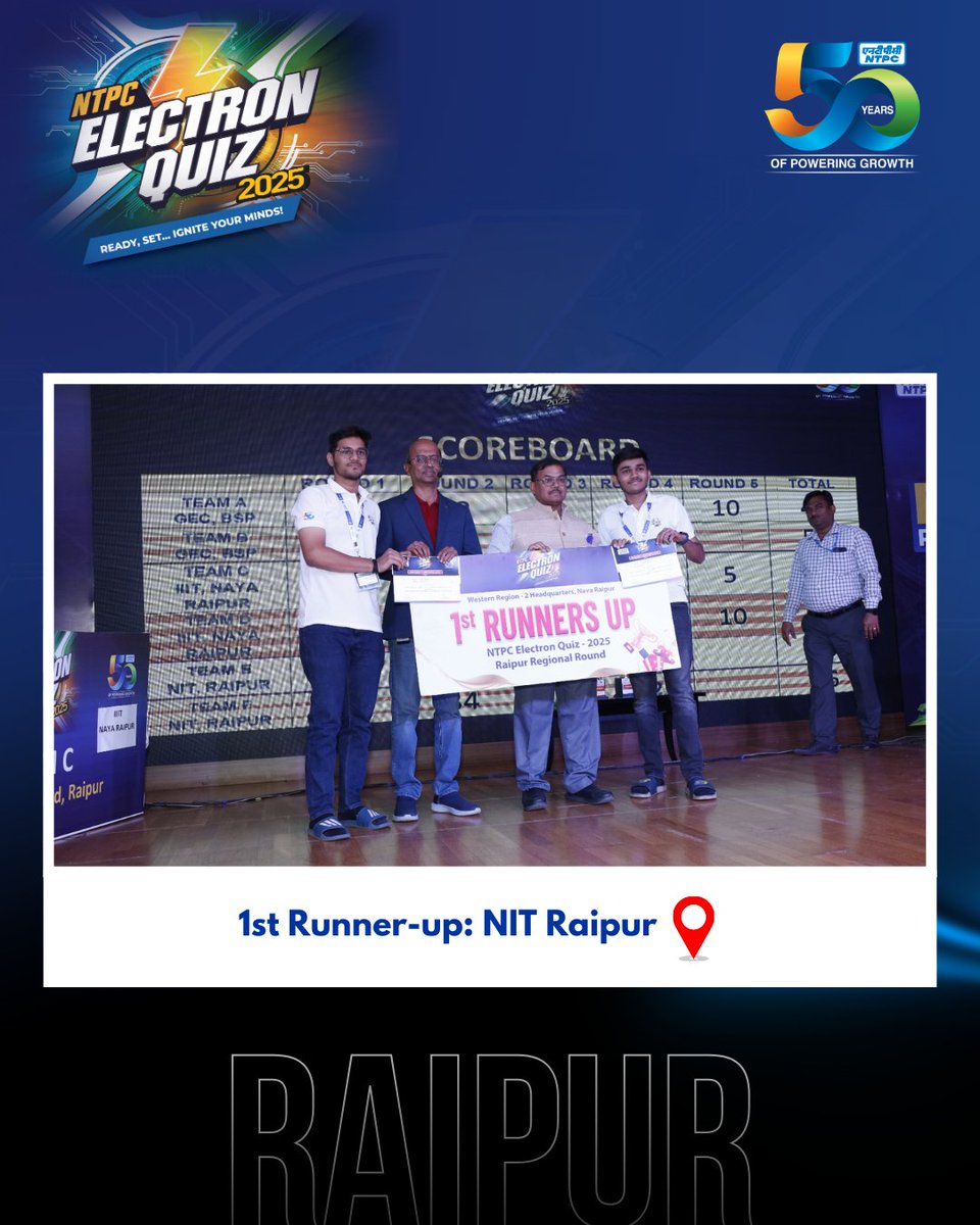 ntpclimited's tweet image. The NTPC Electron Quiz 2025 arrived in Raipur! Here are a few highlights from the event where engineering and management students from top colleges gathered to showcase their business skills in this prestigious competition.

#NTPCElectronQuiz2025 #Raipur #BusinessQuiz
