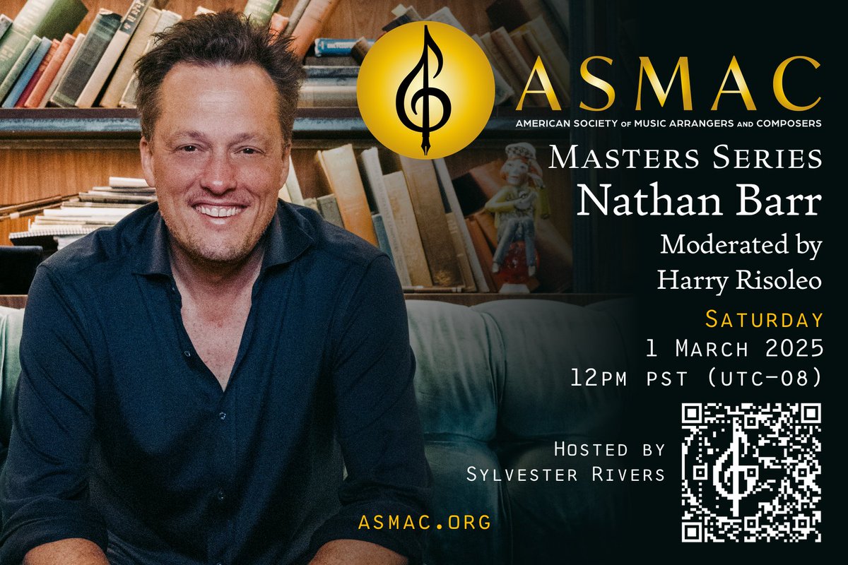 ASMAC Masters Series—Nathan Barr
Incorporating Unique Sounds In Orchestral Scoring

Sat 1 Mar 2025, 12pm PST (UTC-08)—Free &amp; online

Register:
buff.ly/3QurTjw

Harry Risoleo, moderator
Sylvester Rivers, host