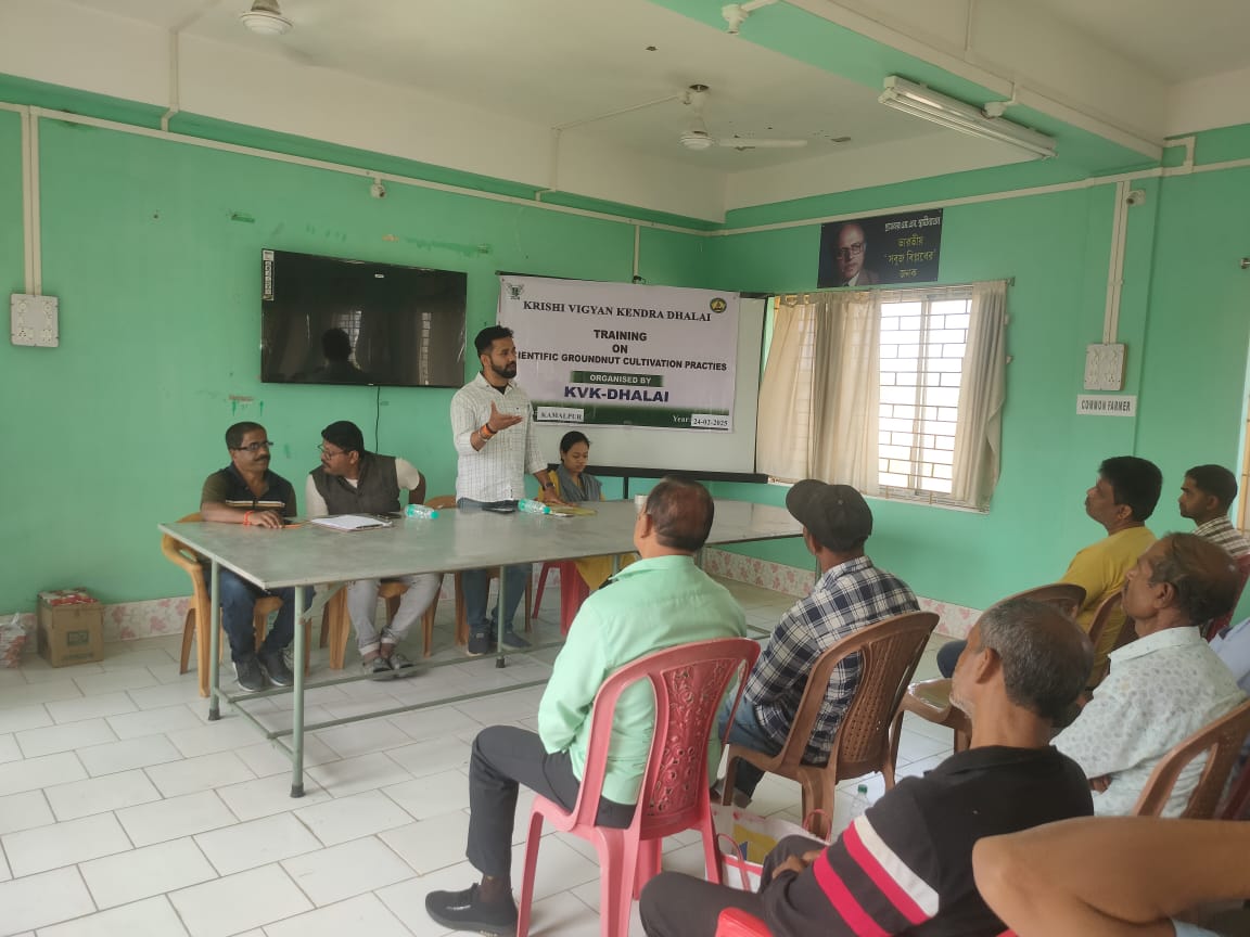 KVK Dhalai organized Training on "Scientific Cultivation practices of Ground Nut " and seed distribution with the Durgachawmuhani FPO , benefiting 60 numbers of farmers under the same FPO ,at Sector office Kamalpur on 24th Feb .2025. <a href="/agritripura/">Department of Agriculture and Farmers Welfare</a> <a href="/AtariVii/">ICAR-ATARI Zone-VII Shillong</a>