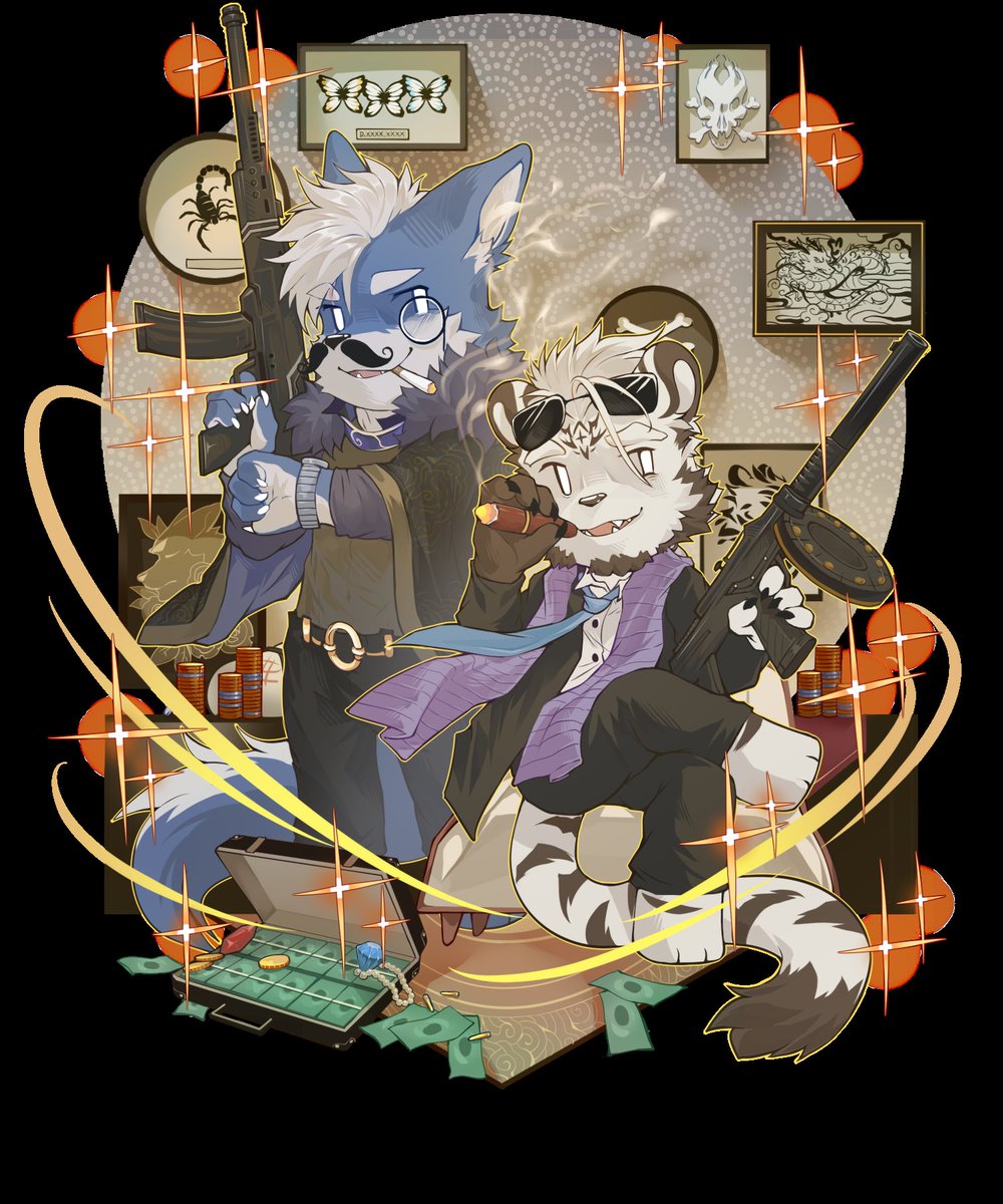 【金权暗涌】

  别墅灯火通明，白虎教父端坐主位，威严的目光扫过全场。青狼副手静立一旁，眼神锐利如刀。
  面前珍宝璀璨，金钱堆积如山，空气中弥漫着紧张的气息。一场关乎权势与财富的交易，在无声中悄然进行。
             
画师：<a href="/wuyabottom/">PINK无牙</a>