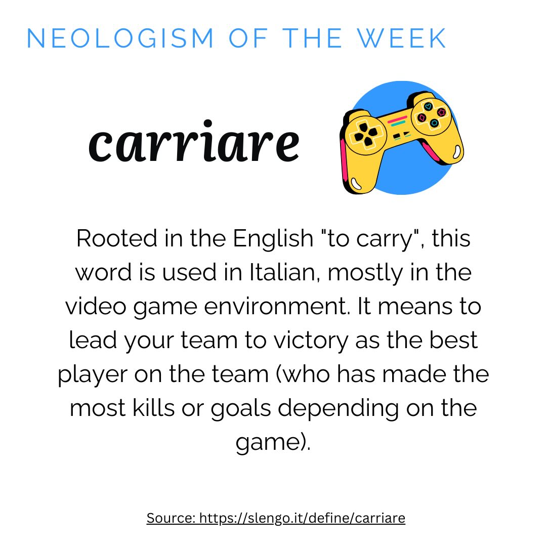 This week’s #neologism: CARRIARE 🎮💪From the English « to carry », « carriare » is now a common term in Italian #gamingslang. It means leading your team to victory as the strongest player—the one who gets the most kills, goals, or decisive plays! 🏆⚡ 
#gamingslang #ENEOLI