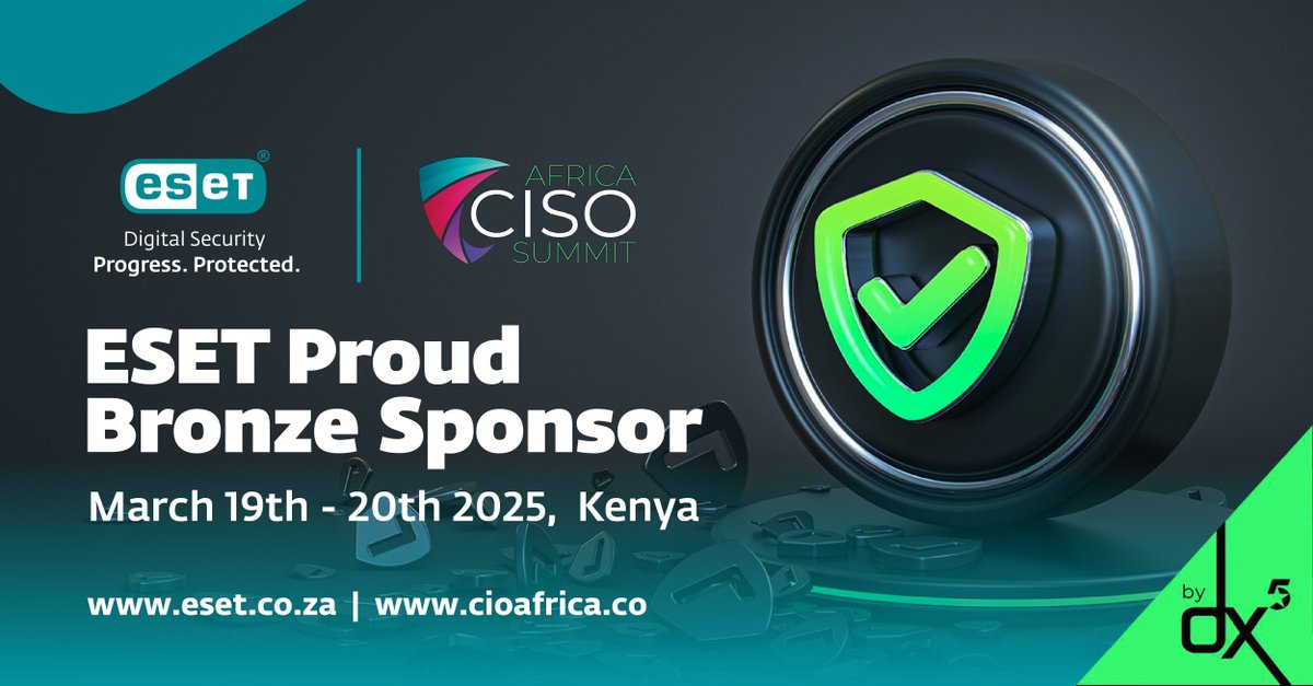 We are pleased to announce that we will be attending the Africa CISO Summit in Nairobi, Kenya, as a Bronze Sponsor. The summit will bring together cybersecurity leaders, innovators, and key industry players! Register to meet with ESET!

#ProgressProtected #AfricaCISOSummit2025