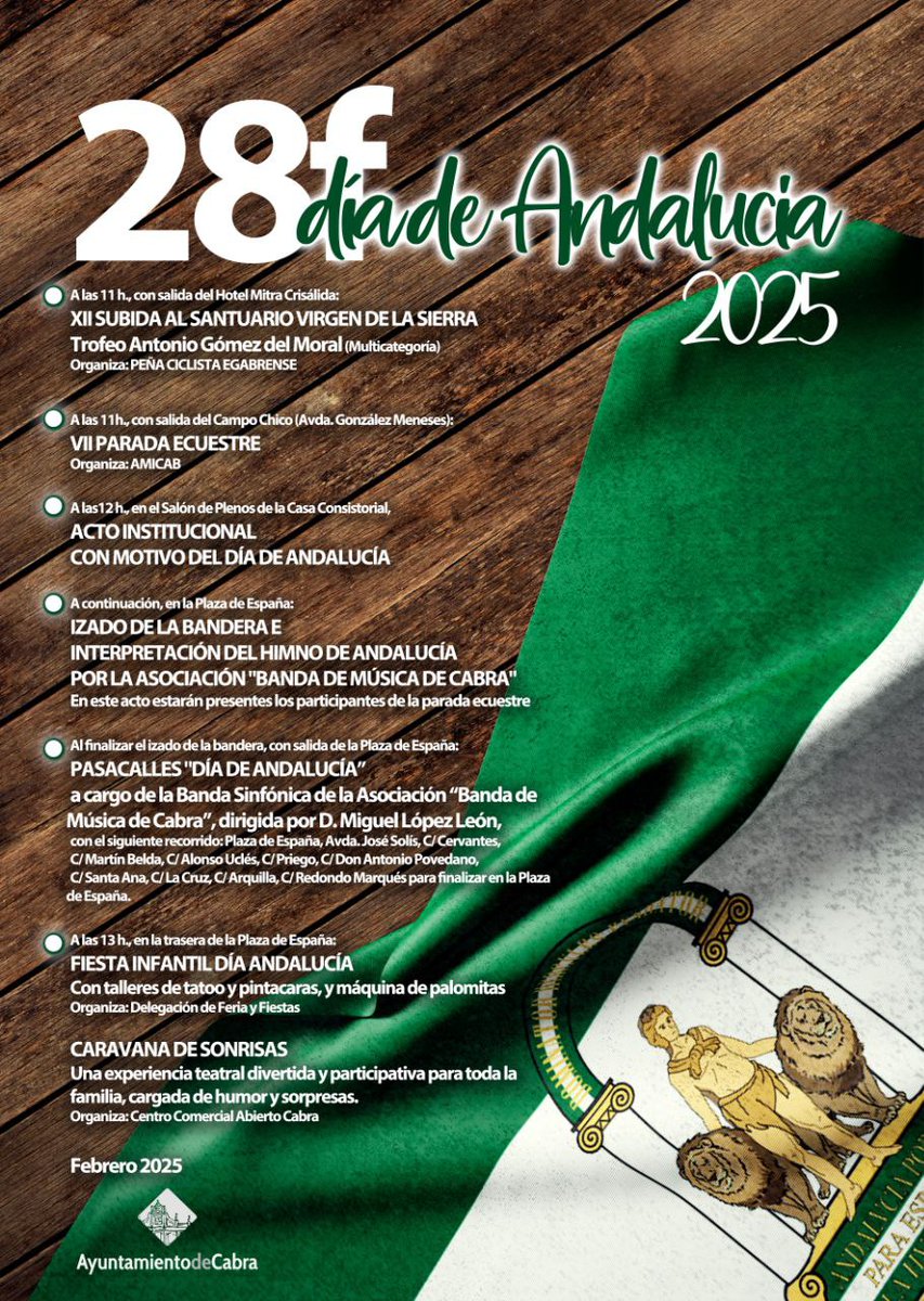 📢 PROGRAMACIÓN DE ACTIVIDADES CON MOTIVO DEL DÍA DE ANDALUCÍA 🟩⬜️🟩

🗓 VIERNES, 28 DE FEBRERO

#aytodecabra