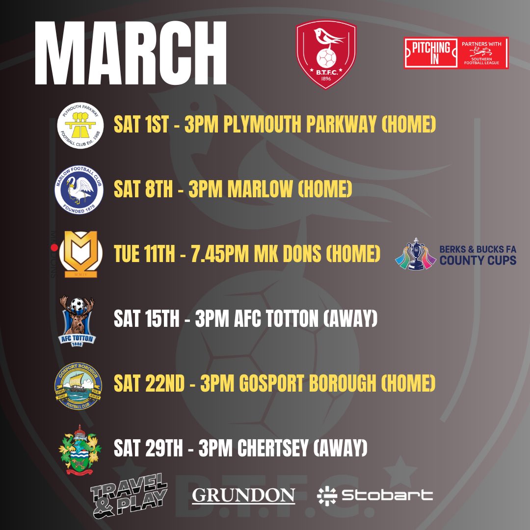 Good Morning Robins fans. Here are your March fixtures and we are predominantly at 🏠 🤩

🎟️ for this weekends home match with <a href="/PlymouthPFC/">Plymouth Parkway FC</a> are on sale on our website now!! 

#WeAreBracknell #YouRobins 🔴⚪️