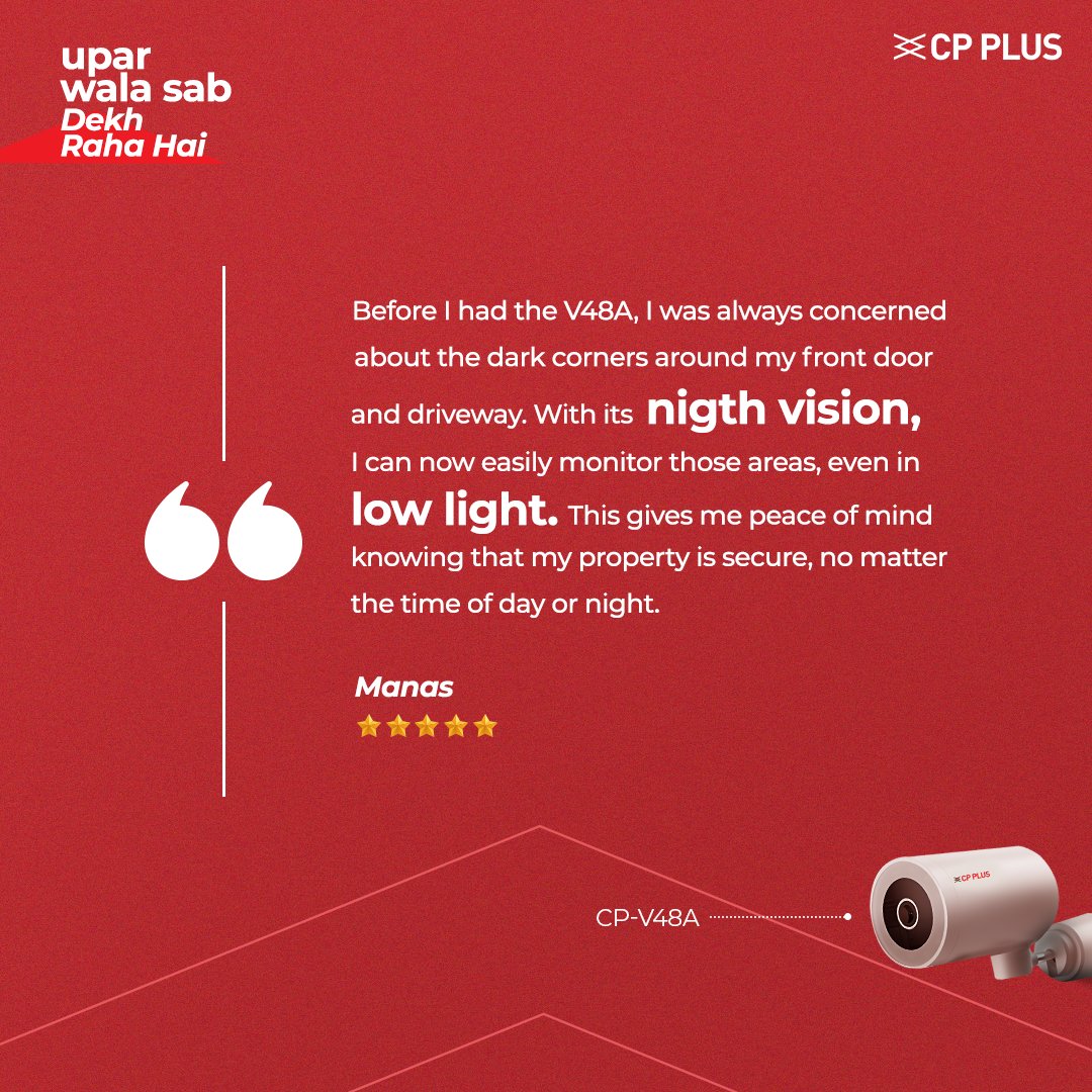 cpplusglobal's tweet image. With the CP PLUS V48A, monitor dark corners effortlessly. Its night vision ensures clarity even in low light, giving you peace of mind around the clock. Stay secure, no matter the time of day.

#CPPlus #SurveillanceSolutions #CPPlusMadeInBharat #Technology
