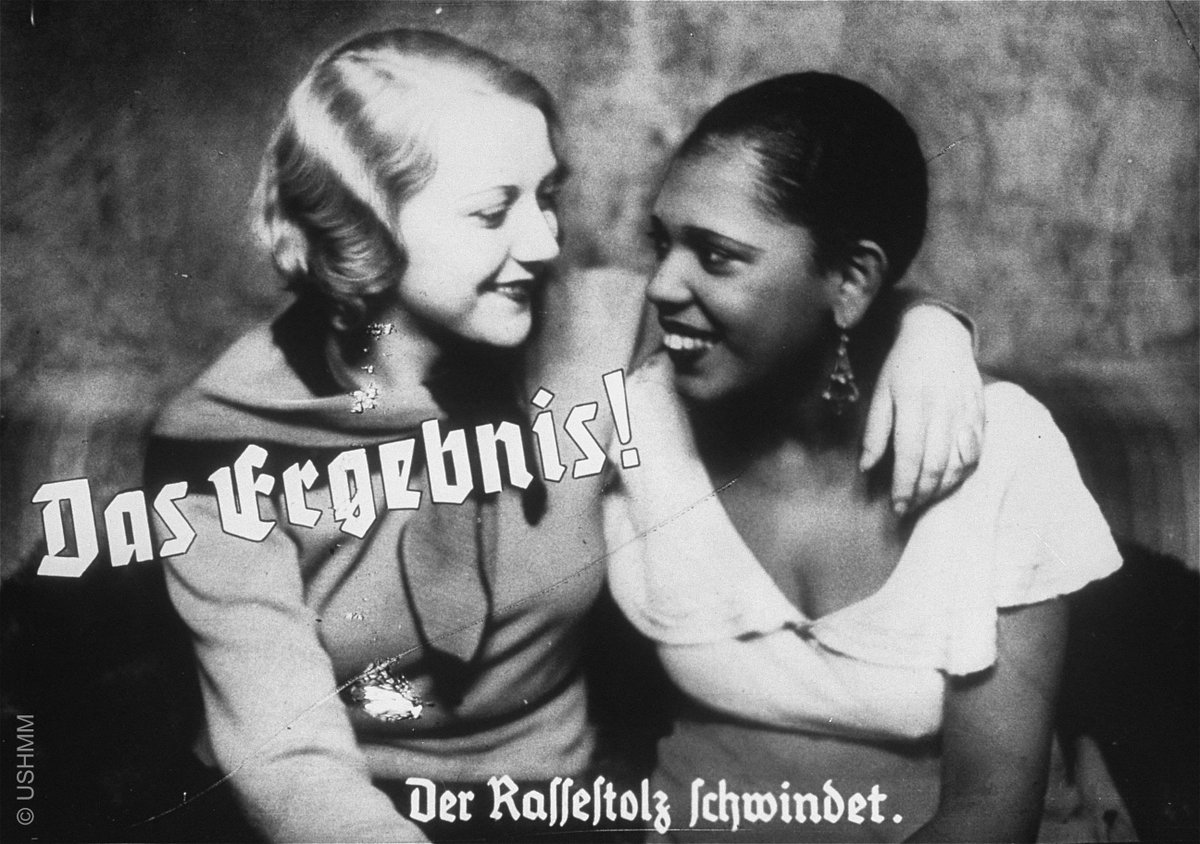 Many black people who lived in Germany under the Nazi regime were persecuted, alienated and murdered. The Nazis viewed them as a threat to the purity of the Germanic race. Nazi propaganda posters showing friendship across racial groups referred to ‘a loss of racial pride.’

🔗