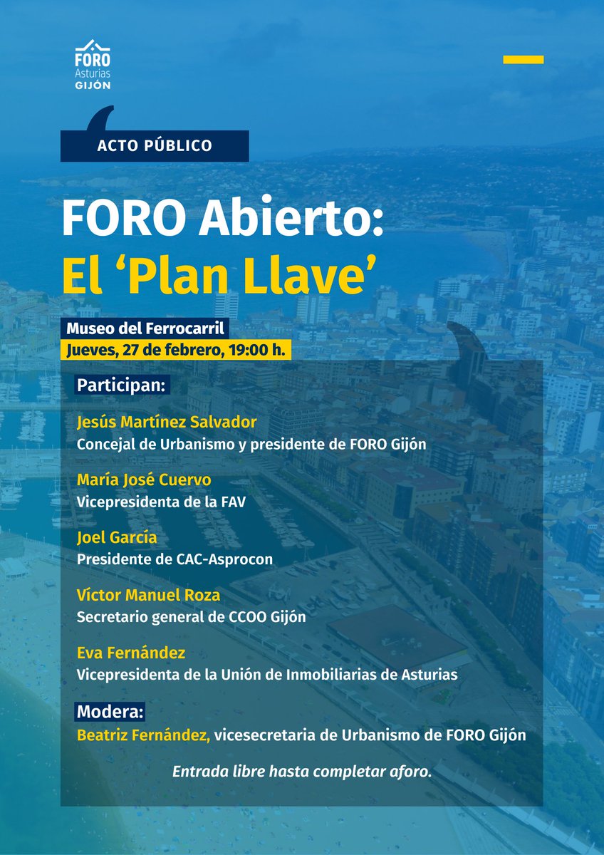 FORO Gijón (@forogijon) on Twitter photo 📢 Ponemos en marcha 'FORO Abierto' y lo hacemos con una conferencia sobre el Plan Llave, una iniciativa para mejorar el acceso a la vivienda en la ciudad.
📅 Este jueves
🕖 19:00h
📍 Museo del Ferrocarril
🎤 Mesa redonda y turno de preguntas.
¡Te esperamos!
<a href="/ChusMarSal/">Jesús M. Salvador</a> 📢 Ponemos en marcha 'FORO Abierto' y lo hacemos con una conferencia sobre el Plan Llave, una iniciativa para mejorar el acceso a la vivienda en la ciudad.
📅 Este jueves
🕖 19:00h
📍 Museo del Ferrocarril
🎤 Mesa redonda y turno de preguntas.
¡Te esperamos!
<a href="/ChusMarSal/">Jesús M. Salvador</a>