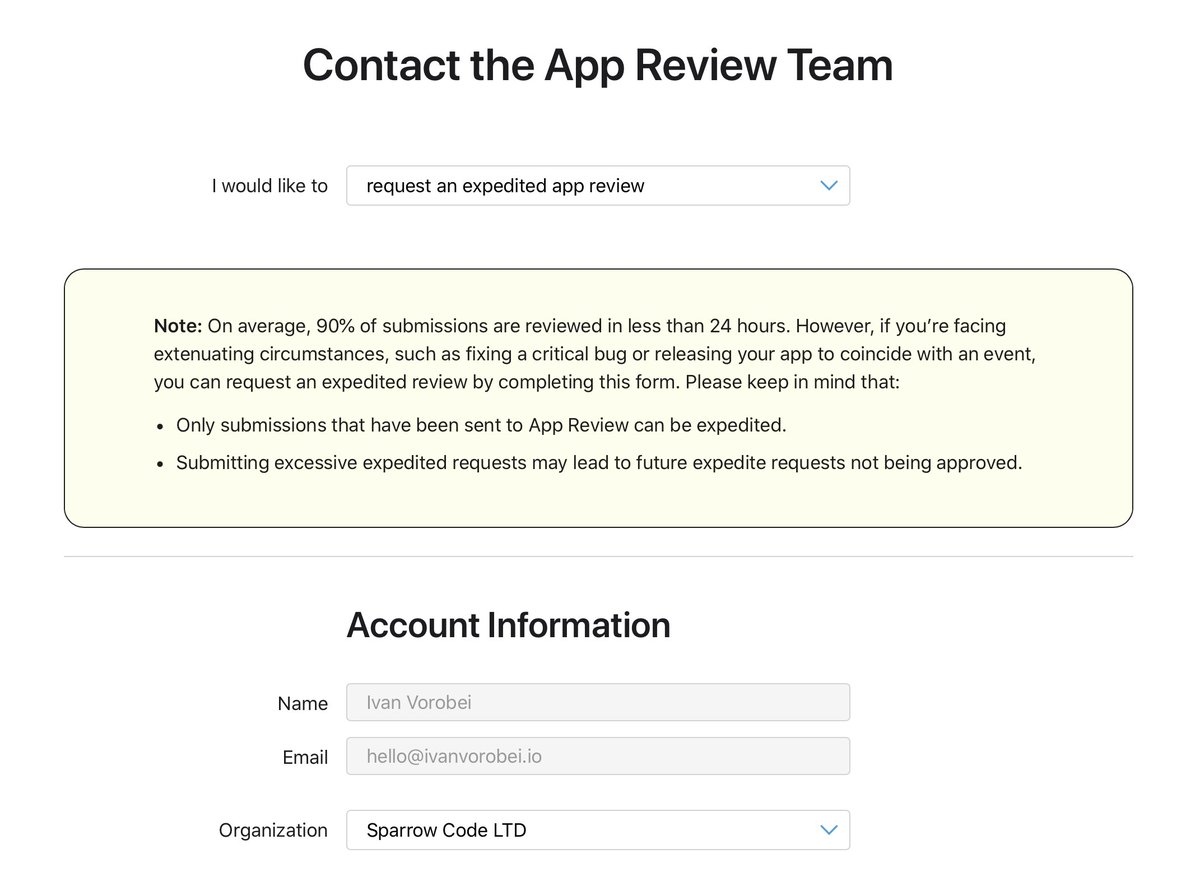 sparrowcode_ios's tweet image. I rarely use expedited review, but I needed it today. A lot has changed there:

1. You no longer need to specify a reason. Just select the app and you&apos;re good to go

2. If it&apos;s rejected, the new build will automatically go through expedited review

3. 🕐 &quot;In Review&quot; status…