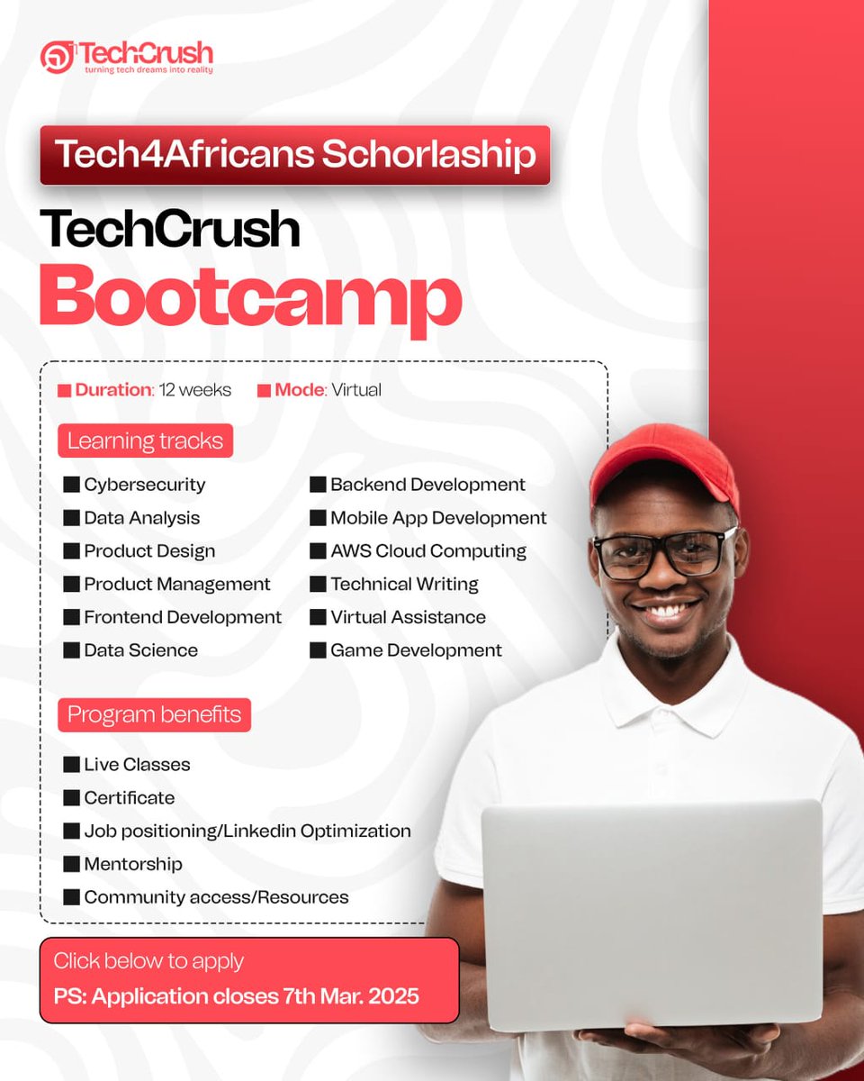 tohire_ng's tweet image. Tech Skills Scholarship Alert 🔔 

Closes Soon ⏰

TECH SKILLS SCHOLARSHIP 🔥

We&apos;re offering 5 million worth of Tech Scholarships! 🎉

Apply for FREE Here 👇
techcrush.pro/scholarship/ap…

Share this with Youths around you 🔥