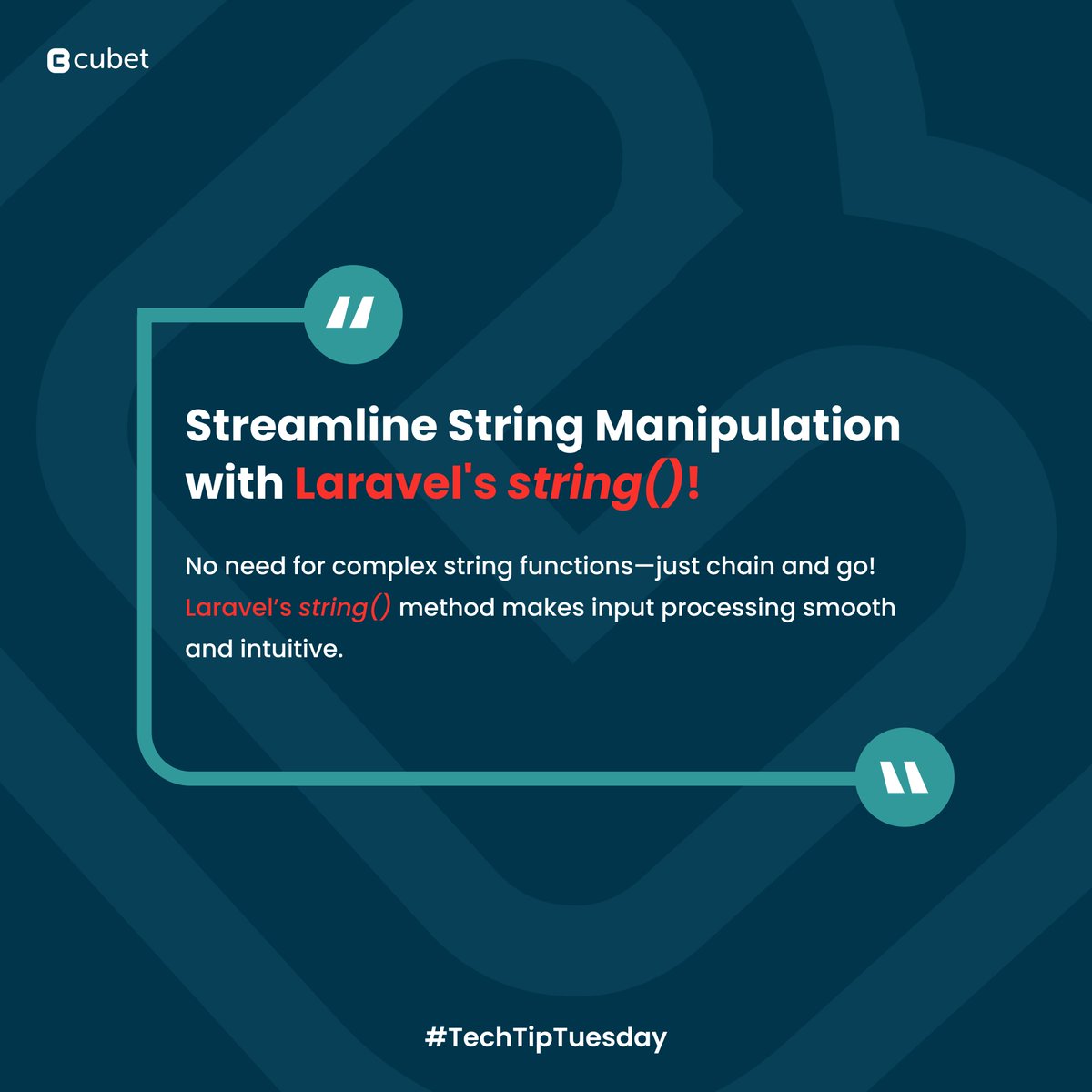 CubetTech's tweet image. No more juggling complex string functions—just chain and go! Laravel’s string() method makes input processing faster, cleaner, and more intuitive.
Try it out and make your #Laravel development even smoother!
#LaravelTips #LaravelDevelopment #TechTipTuesday #TechHacks #DevTips