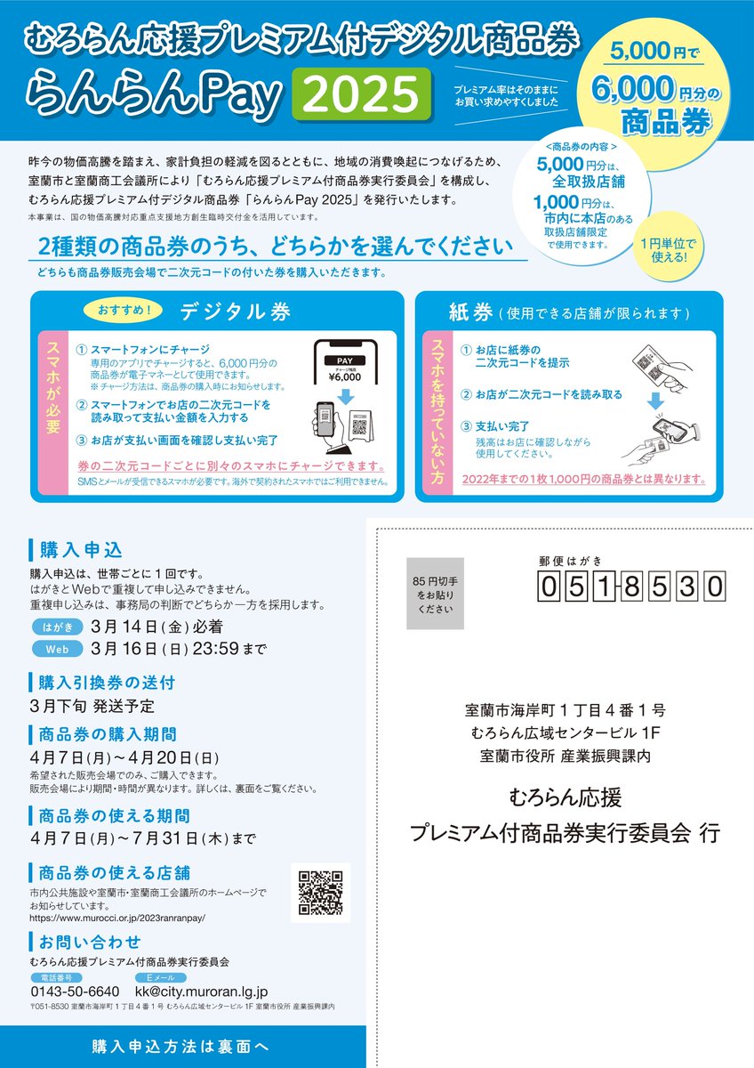 むろらん応援プレミアム付デジタル商品券｢らんらんPay2025｣購入申込