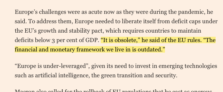 heimbergecon's tweet photo. French president Macron: 
To address Europe's challenges, Europe needs to liberate itself from deficit caps in new EU fiscal rules.

“It is obsolete,” Macron said of EU rules. “The financial and monetary framework we live in is outdated.” https://t.co/6o1p3zDVc7