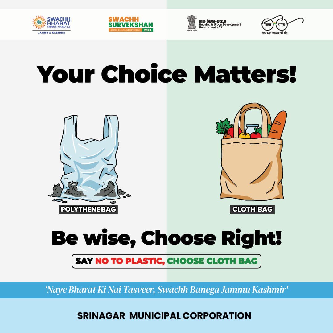 SMC_Srinagar's tweet photo. Your Choice Matters!
POLYTHENE BAG
CLOTH BAG
Be wise, Choose Right!
SAY NO TO PLASTIC, CHOOSE CLOTH BAG
'Naye Bharat Ki Nai Tasveer, Swachh Banega Jammu Kashmir'
#SwachhBharat #swachjk #SMCSrinagar
@owais_ias @diprjk @SwachhJk https://t.co/sUxPyEz9G7