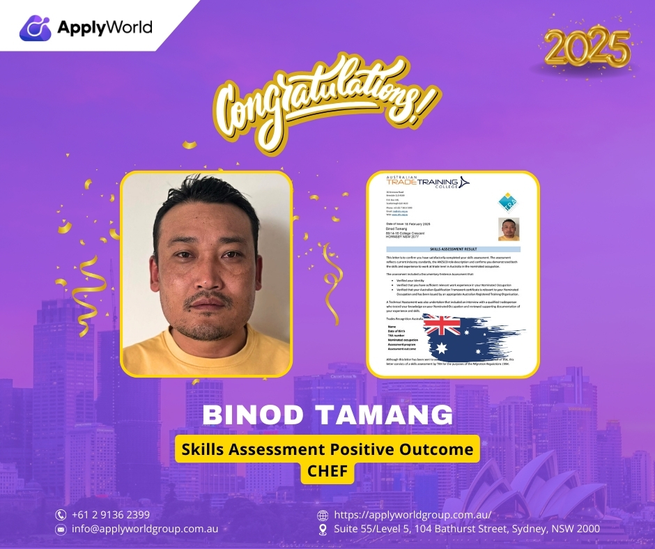 ApplyWorldGroup's tweet image. Thrilled to announce that our client got a Positive Outcome as a Chef on his Skills Assessment! Congratulations, Mr. Binod Tamang! We are proud of you! Thank you for choosing Apply World Group to help you!
 
 #ApplyWorldGroup #SkillsAssessment #PositiveOutcome #Chef #Successful