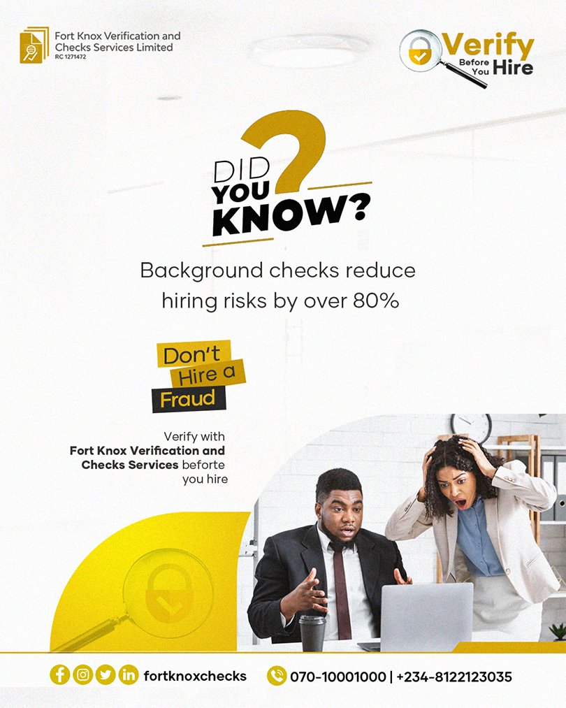 FortKnox_Checks's tweet photo. Did you know? 🤔
Background checks can reduce hiring risks by over 80%! Make smarter, safer hiring decisions and protect your business.
#HiringTips #BackgroundCheck #SmartHiring #BusinessSafety #ReduceRisk #FortKnoxGuards https://t.co/DhINV1J4ij