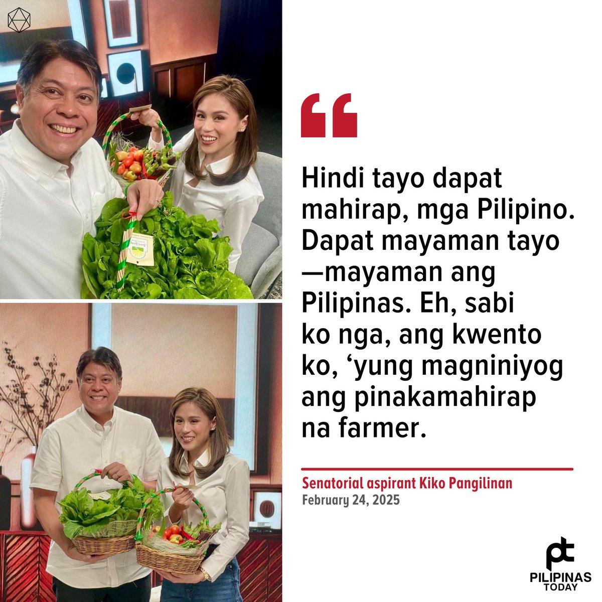 PilipinasToday_'s tweet photo. AGRIKULTURA, SUSI SA MURANG PAGKAIN — KIKO PANGILINAN

Inihayag ng senatorial aspirant na si Kiko Pangilinan sa episode ng “Toni Talks” nitong Lunes, Pebrero 24, na hindi dapat mahirap ang mga Pilipino dahil mayaman umano sa resources ang Pilipinas.

Aniya, ang mga coconut farmers ang pinakamahihirap na farmers sa bansa na maiiwasan kung aayusin ng pamahalaan ang industriya ng magniniyog at ipriyoridad ang agrikultura tulad ng ginawa nila sa imprastraktura.

Idinagdag ng dating Senador na sa kanyang unang termino noon bilang Senador, nasa P150 bilyon lamang ang budget ng Department of Public Works and Highways (DPWH) na ngayon ay nasa trilyon na at sinabing ganun din dapat umano ang mangyari sa sektor ng agrikultura.

“Kung today, it's about P250 billion, maybe in the next 10 years, it should reach maybe P800 billion so that we can finally address 'yung gaps sa food production natin, sa support sa farmers natin, para tumaas talaga ang income nila, gumanda ang food supply, bumaba ang presyo," saad ni Pangilinan.

#PilipinasToday
#ToniTalks
#KikoPangilinan