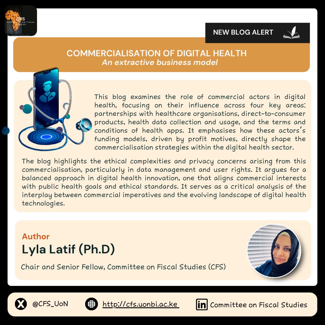 Committee on Fiscal Studies - CFS (@cfs_uon) on Twitter photo NEW BLOG‼️
A balanced approach is needed in the digital health sector, where the drive for innovation & profitability is harmonized with ethical imperatives of protecting user rights & promoting public health interests.
Read more from <a href="/LylaALatif/">Lyla Latif (PhD)</a> here➡️:
cfs.uonbi.ac.ke/node/156 NEW BLOG‼️
A balanced approach is needed in the digital health sector, where the drive for innovation & profitability is harmonized with ethical imperatives of protecting user rights & promoting public health interests.
Read more from <a href="/LylaALatif/">Lyla Latif (PhD)</a> here➡️:
cfs.uonbi.ac.ke/node/156