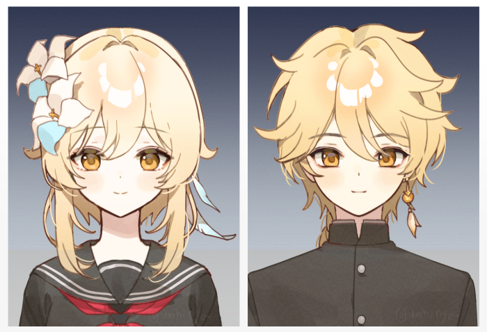 Wohinya's tweet photo. #GenshinImpact 
#原神
#Lumine 
#Aether
証明写真 🙂 https://t.co/in7VmUNqtj