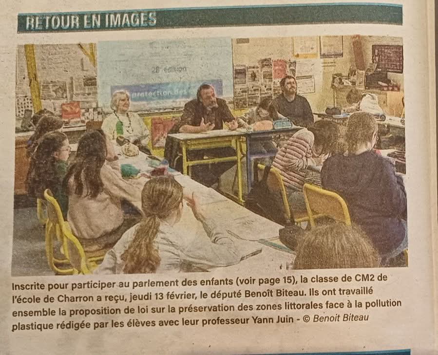 Bel article sur l'Aire Marine Éducative et "Retour en images" également dans <a href="/LHebdo17/">L'Hebdo de Charente-Maritime</a> sur l'accueil du Député <a href="/BenoitBiteau/">Benoît BITEAU</a> par les CM2 de l'école de Charron  pour l'opération "Parlement des enfants" avec Mme la Maire