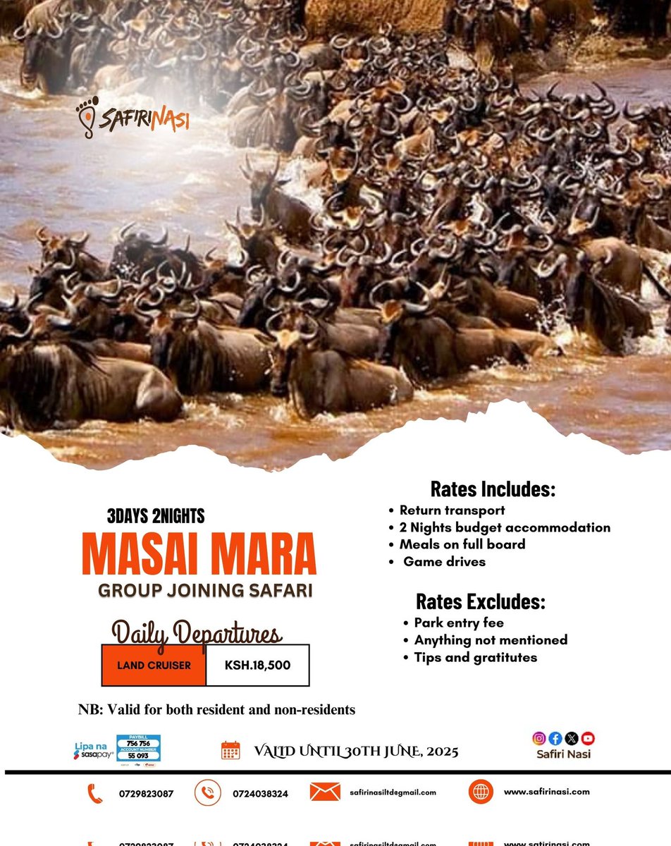 safiri_nasi's tweet photo. Offer!! Offer!! Offer!! 
Maasai mara group joining daily departure with a landcruiser
Only at KSH. 18,500 per person sharing 

Usipitwe na hii offer.

#maraadventure #Masaimara #Safari #safirinasi https://t.co/OJYEirpb8o