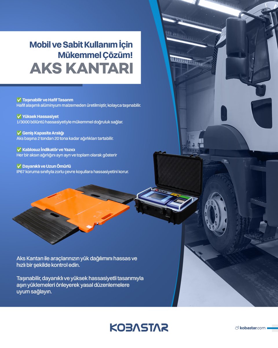 Aks Kantarı ile aşırı yüklemeleri önleyin, dengeyi sağlayın ve yasal düzenlemelere uyumlu olun! ✅
📍 Hafif ve dayanıklı alüminyum gövde
📍 Aks başına 20 tona kadar tartım kapasitesi
📍 Kablosuz ekran ve yazıcı ile kolay takip
📍 IP67 koruma ile zorlu şartlara dayanıklı