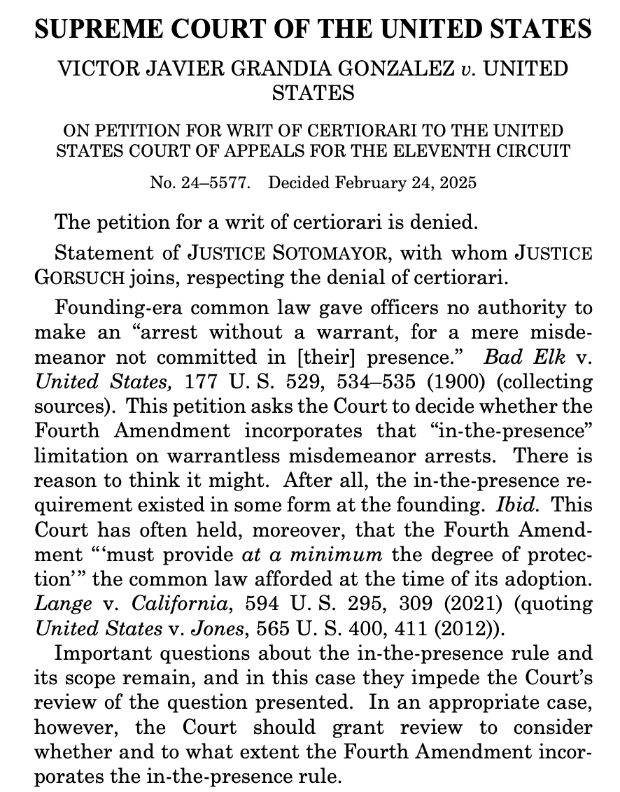 Over at SCOTUS, Justices Sotomayor and Gorsuch encourage defense counsel to keep pushing the originalist argument that misdemeanor arrests require a warrant if the crime is not committed in an officer's presence. supremecourt.gov/opinions/24pdf… #N