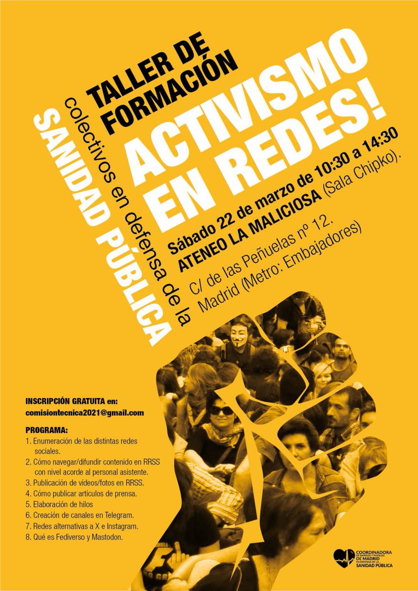 CoordiBPSP's tweet photo. ¿Controlas de RRSS?
¿Te gustaría aprender truquillos para navegar con más soltura?

Os invitamos a nuestro taller próximo sábado 22 de Marzo en @AteneoMaliciosa

ACTIVISMO EN REDES

Rogamos inscripción en email para ajustar aforo

¿Te lo vas a perder? https://t.co/t4UANV0NRO