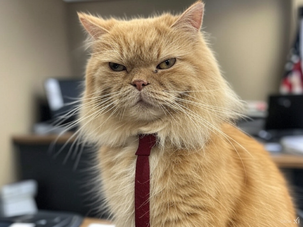Grok: 

"Ich will, dass du mir eine Katze grafisch erstellst, die ähnlich wie Donald Trump aussieht."