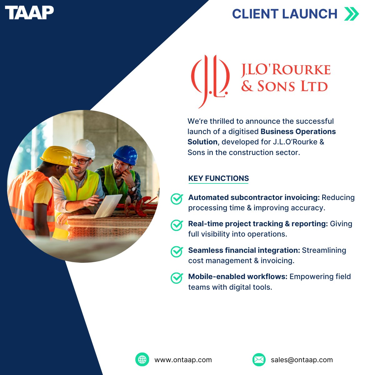 We’re proud to announce the deployment of a Business Operations Solution for J.L. O’Rourke &amp; Sons, designed and delivered by TAAP to streamline, automate, and modernise their operations.

Book a free discovery call with our team today for your business requirements: 0345 230 9787