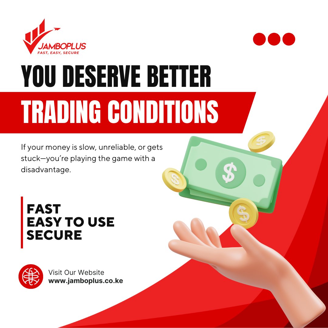 jambo_plus's tweet photo. 💎 "You DESERVE better trading conditions."

If your money is slow, unreliable, or gets stuck—you’re playing the game with a disadvantage.

💰 Upgrade your trading flow with JamboPlus.

🌐 https://t.co/2An7tb0Oxz

#TradeLikeYouDeserve #KnowYourWorth #JamboPlus #Mpesa #Deriv https://t.co/h4zPc7cEYF