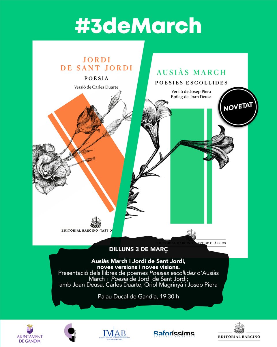 EdBarcino's tweet photo. 📣 Celebrem el #3deMarch amb una doble #presentació poètica a #Gandia, de 'Poesies escollides' d'Ausiàs March i de 'Poesia' de Jordi de Sant Jordi (de la col·lecció "Tast de clàssics"). https://t.co/H1rxtzeQtD