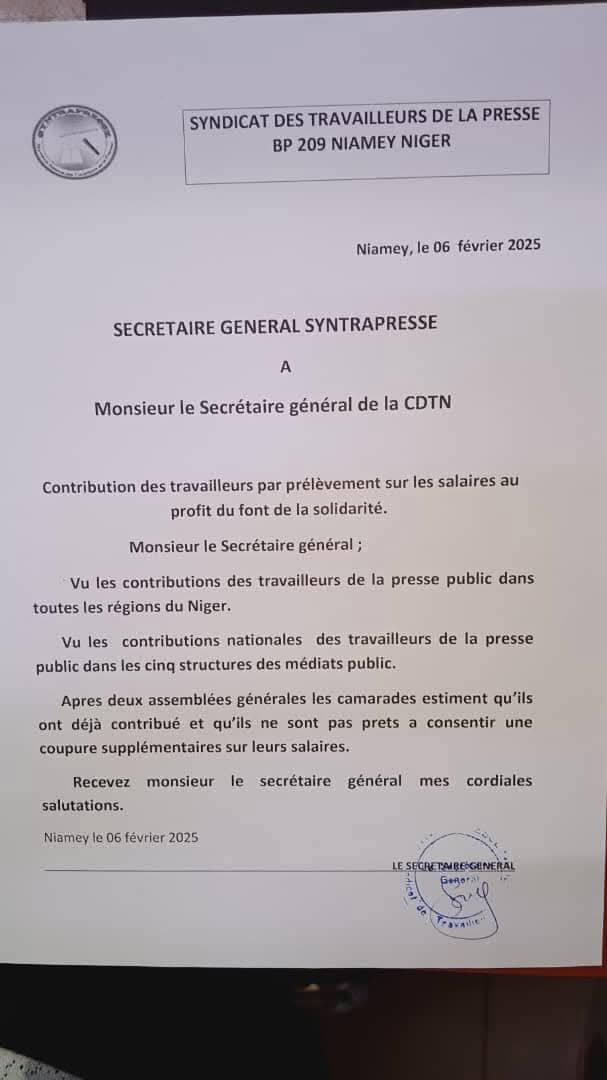 AhmadouAtafa's tweet photo. Niger : Plusieurs syndicats rejettent toute retenue sur les salaires au profit du Fonds de solidarité pour la sauvegarde de la patrie (FSSP). Le SNEN, le SUSAS, le SYNPAT, les agents des finances et les travailleurs de la presse s'opposent fermement. #Niger #FSSP #Syndicats #CDTN https://t.co/Wsssrvevdi
