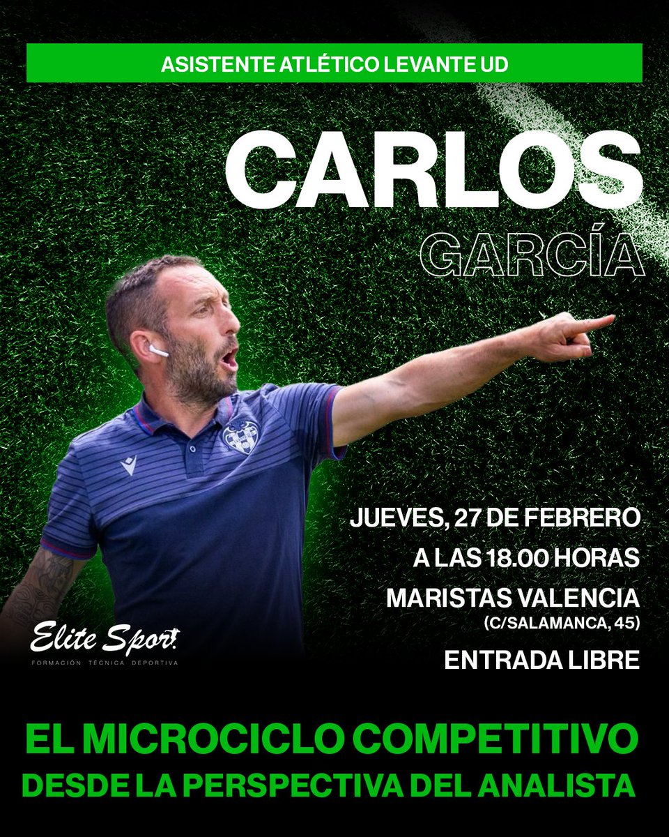 ⚽ “El microciclo competitivo desde la perspectiva del analista” de @carlosgn82, asistente del #AtléticoLevanteUD @canteragranota.

✍🏻 Regístrate aquí para asistir gratuitamente a la charla: lc.cx/M1WnFg

📅 Jueves 27 de febrero
🕙 18:00 H
📍 <a href="/vlcmaristas/">Maristas Valencia</a>