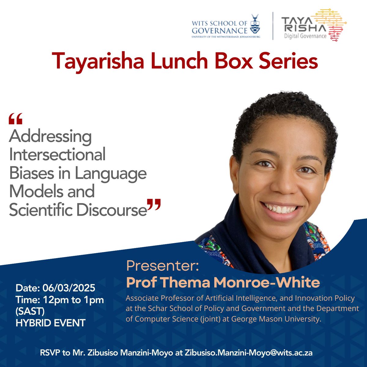 Our first #TayarishaLunchBox of 2025 will happen next week Thursday at 12pm (SAST). We are going to host a talk presented by Prof Thema Monroe-White. RSVP Zibusiso.Manzini-Moyo@wits.ac.za