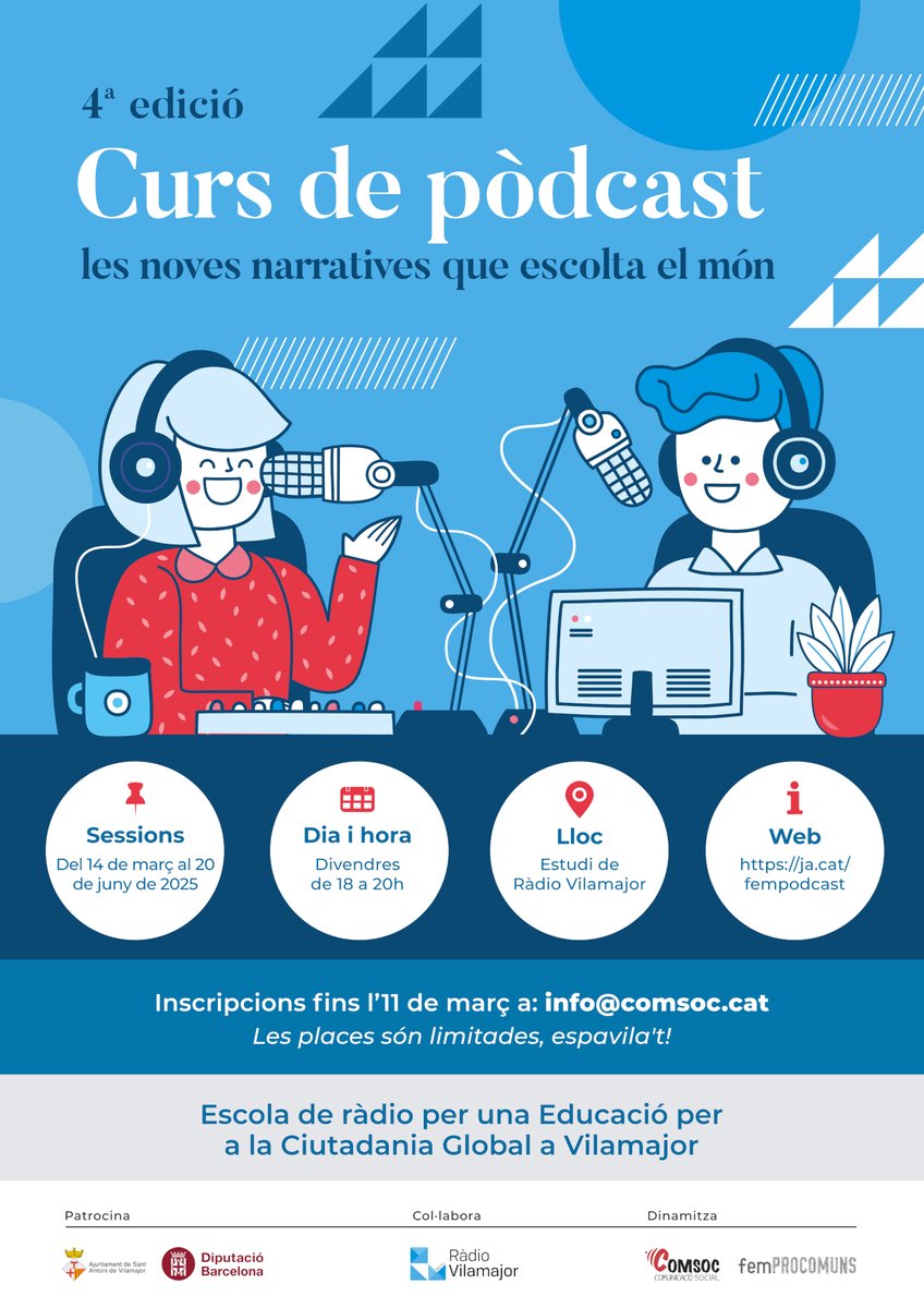 Oberta la inscripció de la 4a edició del Curs de pòdcast a <a href="/radiovilamajor/">Ràdio Vilamajor</a>!

Un curs gratuït i presencial que facilitarà les eines i  experiències necessàries per impulsar el teu #podcast des d'una perspectiva transformadora.

Escolta i llegeix els detalls ja.cat/fempodcast